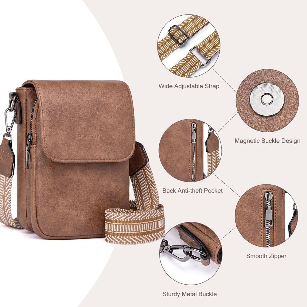 Womens A-Brown Leather Purses Imported Magnetic Snap Crossbody Zipper Bag - Picture 5 of 6